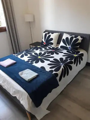 a bed with a blue and white blanket and pillows at Appart bas Fabron in Nice