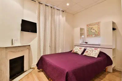 a bedroom with a purple bed and a fireplace at Hotel Victor Hugo Nice in Nice