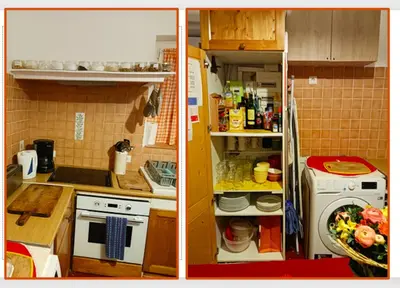 two pictures of a kitchen with a stove and a refrigerator at Family Apartment 2BR Old Town near Beach AC in Nice