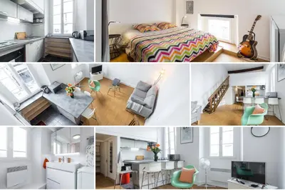 a collage of pictures of a bedroom and a living room at Nicelidays - Le Suede - Carré d'or - 2min from beaches in Nice