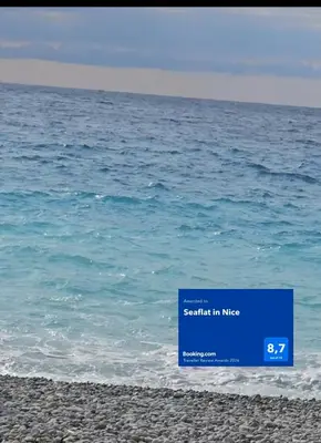 a sign on the beach with the ocean in the background at Seaflat in Nice in Nice