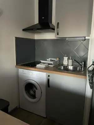 a kitchen with a sink and a washing machine at Les Palmiers à 700m de la mer in Nice