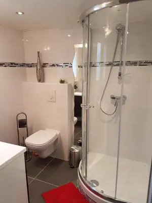 a white bathroom with a shower and a toilet at Mikado in La Gaude