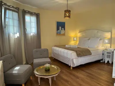 a bedroom with a bed and a chair and a table at Villa Antoline in Cagnes-sur-Mer