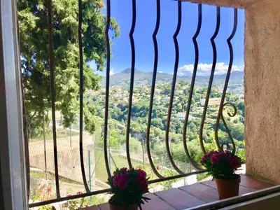 a view from a window with two potted plants at L'Alivu in Nice