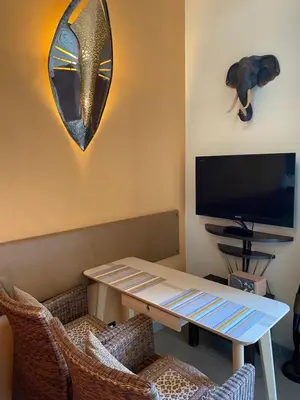 a living room with a table and a tv at Intérieurs-Cour in Nice