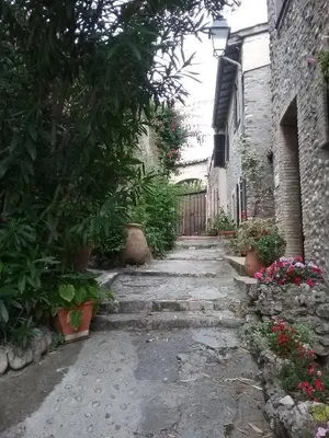 a stone path leading to a house with flowers at La Plenitude in Cagnes-sur-Mer