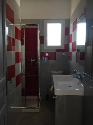 a bathroom with a sink and a shower at Le 43 in La Trinité