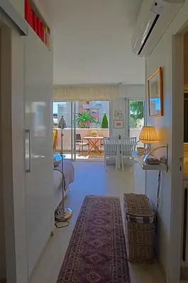 a hallway with a living room with a rug at Le lutin in Saint-Laurent-du-Var