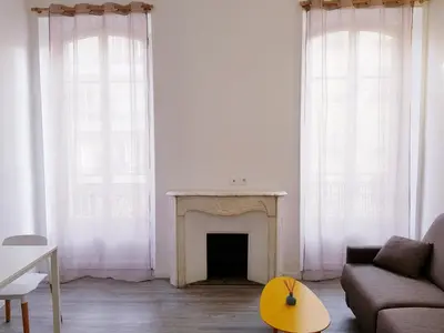 a living room with a couch and a fireplace at Cosy central studio Nice Rossini large balcony in Nice