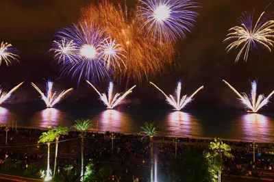 a firework display over a body of water at night at Appartement Les Plages in Nice