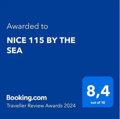 a blue text box with the text awarded to rise by the sea at NICE 115 BY THE SEA in Nice
