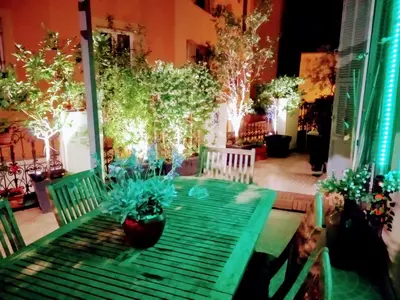 a green table with potted plants on a patio at la terrasse in Nice