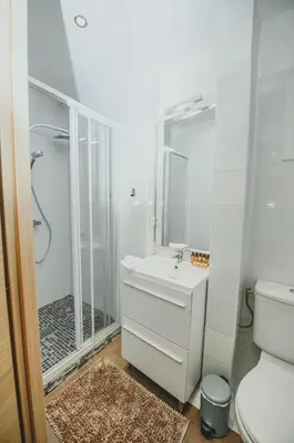 a white bathroom with a shower and a sink at AzurAppart 3room Nice Promenade in Nice