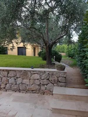 a stone retaining wall and a tree in a yard at Les Bastides D'Hélène in Èze