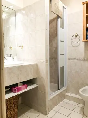 a bathroom with a shower and a sink and a toilet at Domes Seaside Résidence Piscine, Free Parking, Airport Tramway in Nice