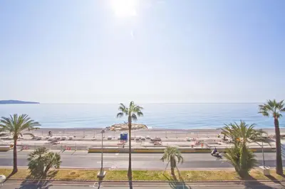 a view of a beach with palm trees and the ocean at LES MOUETTES - PROMENADE HOLIDAY in Nice