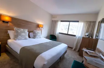 a hotel room with a large bed and a window at Servotel Saint-Vincent in Nice
