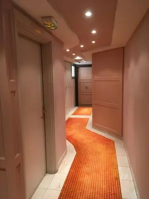 a hallway with an orange rug on the floor at Quiet flat next to the beach in Nice