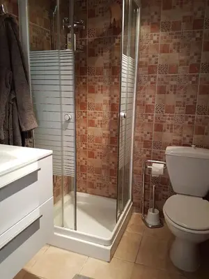 a bathroom with a toilet and a glass shower at Petite chambre indépendante avec sdb, clim et parking privé in Nice