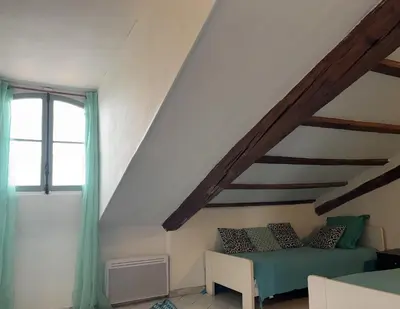 a attic room with a bed and a window at Garibaldi mansardé in Nice