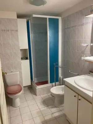a bathroom with a toilet and a shower and a sink at Palais des Arts, Proche Tram et Promenade in Nice
