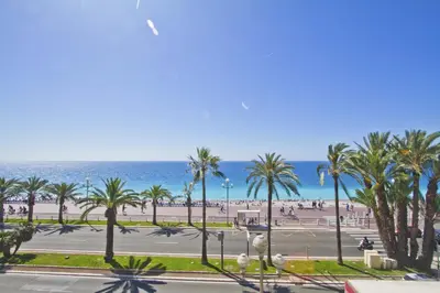 a view of a beach with palm trees and the ocean at PROMENADE HOLIDAY - SEA FRONT PALATIN in Nice