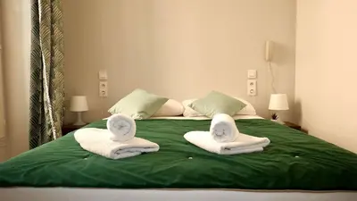 a bed with two towels and two swans on it at Hotel le Nice Etoile in Nice