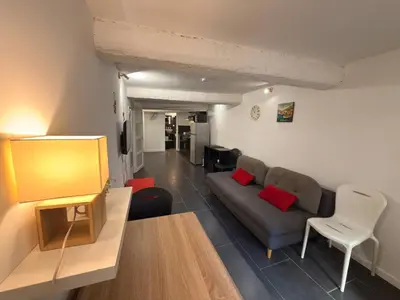 a living room with a couch and a tv at La Rose: Charming 2-room apartment in the heart of Nice - 3-min. from the beach in Nice