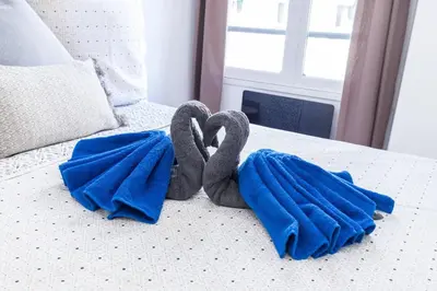 two towel swans sitting on top of a bed at Historical Apartment Hyper Center in Nice