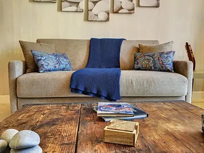 a living room with a couch with blue pillows at Nestor&Jeeves - ANGEL'S BAY - City center - Close beaches in Nice
