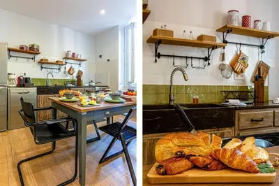 two pictures of a kitchen with a table with bread at MY CASA - GAMBETTA - Charming 2 bedroom - Near Promenade in Nice