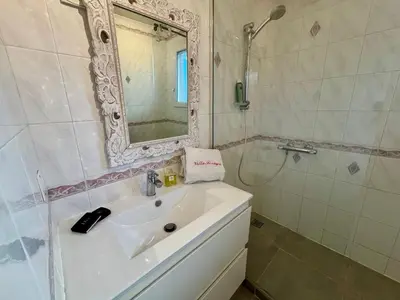 a bathroom with a sink and a mirror and a shower at Villa Soraya Nice - Sunny appartment Cote d'Azur with large garden in Nice