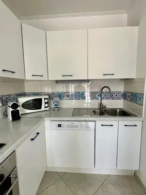 a white kitchen with a sink and a microwave at Risso - charming one bedroom with a balcony in Nice