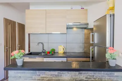 a kitchen with a sink and a refrigerator at MASSENET PIETONNE AP4196 by Riviera Holiday Homes in Nice