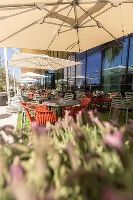 a lobby with a chair and a potted plant at Crowne Plaza - Nice - Grand Arenas by IHG in Nice