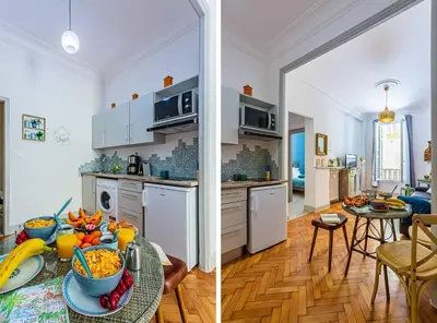 a kitchen and a living room with a table with food on it at MY CASA - DIJON - Near Train Station - Malaussena in Nice
