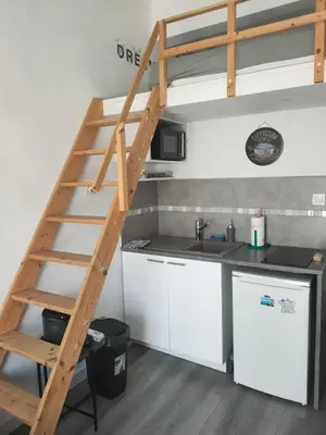 a ladder in a kitchen with a bunk bed at Bienvenue sur la Cote d'Azur in Nice