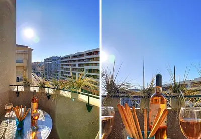 two pictures of a table with a bottle of wine and glasses at Nestor&Jeeves - GLORIA BEACH - Very close sea - Prestigious building in Nice