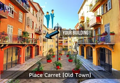 a picture of a street with buildings and a sign that reads place carrier job town at Nestor&Jeeves - LOU FRANCESCAN - Old Town - Close sea - Place St Francois in Nice