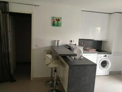 a kitchen with a sink and a washing machine at Lovely Studio & Garden - près des plages Cagnes-sur-Mer in Cagnes-sur-Mer