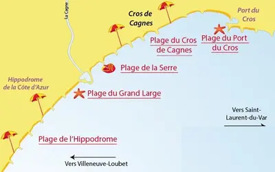 a map of a beach with red umbrellas at Lovely Studio & Garden - près des plages Cagnes-sur-Mer in Cagnes-sur-Mer