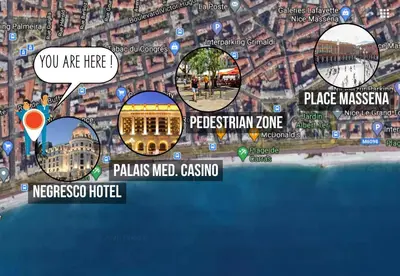 a map of a city with different places on it at Nestor&Jeeves - BEACH COTTAGE TERRACE - Central - Very close sea - Top floor in Nice