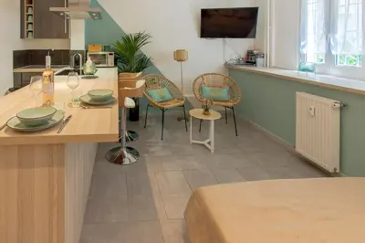 a kitchen and dining room with a table and chairs at Studio climatisé à 50m des plages in Nice