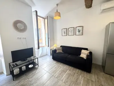 a living room with a black couch and a tv at ApartHotel Riviera - Barillerie 12 - Vieille Ville 1mn plage - Appartement 2 pieces AC in Nice