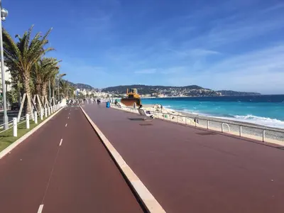 a deserted beach with palm trees and the ocean at Nice Vue Mer 50m plage Parking in Nice
