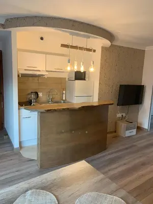 a kitchen with a counter with a sink and a tv at Superbe 2 pièces à 50 m de la Promenade des Anglais in Nice