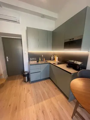 a kitchen with green cabinets and a wooden floor at Garibaldi 11 in Nice