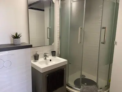 a bathroom with a sink and a glass shower at Nice Centre: à 300m de la mer et de la Promenade des Anglais in Nice