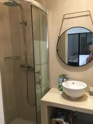 a bathroom with a shower and a sink and a mirror at Cozy house with parking and garden in Nice
